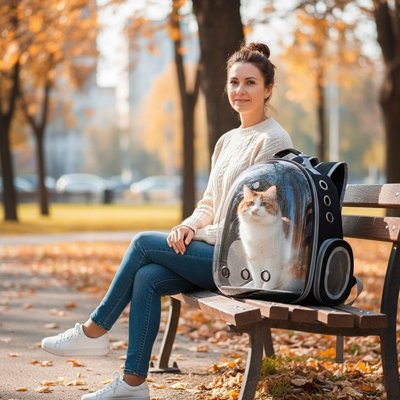 Sac à dos pour Chat noir posé sur un banc côté une jeune femme assise