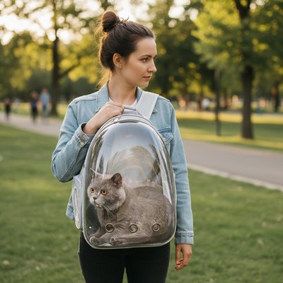 Sac à dos pour Chat rose porté devant jeune femme marchant dans le parc