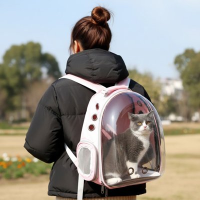 Sac à dos pour Chat rose porté sur le dos jeune femme marchant dans un parc
