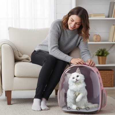 Sac à dos pour Chat rose posé côté jeune femme assise sur canapé