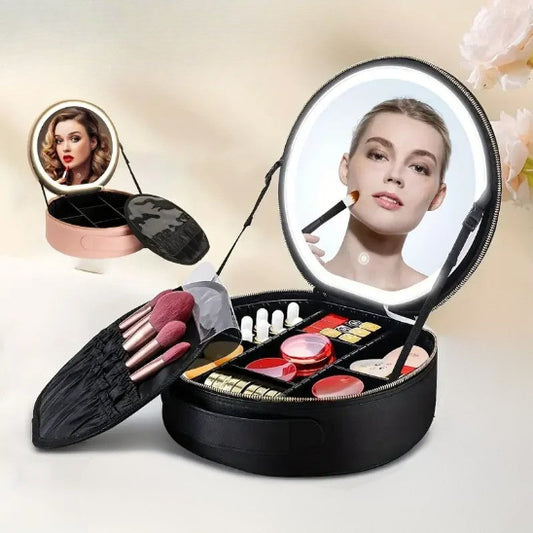 trousse de maquillage led nori rose plusieurs ouvertes  remplies produits cosmétiques