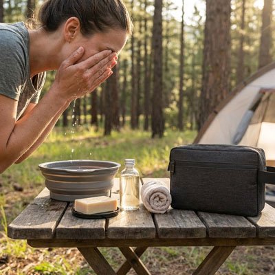 Trousse de toilette compartiment noir posée sur table camping