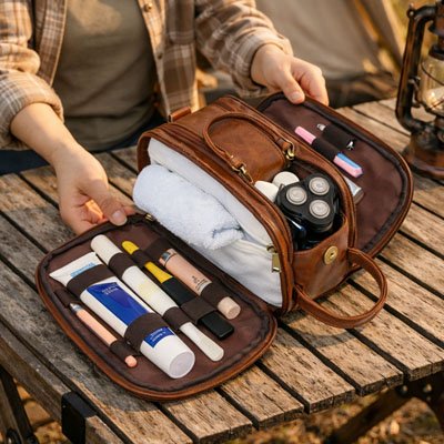 Trousse de toilette compartiment ouverte posée sur table en bois