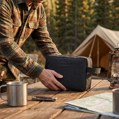 Trousse de toilette compartiment posée sur table camping