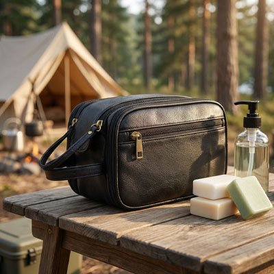 Trousse de toilette compartiment posée sur table camping