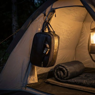 Trousse de toilette compartiment sous tente de camping