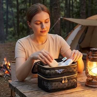 Trousse de toilette femme pratique noir ouverte au camping