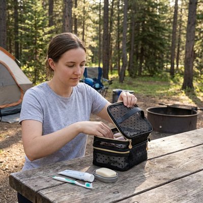 Trousse de toilette femme pratique noir ouverte sur table de camping