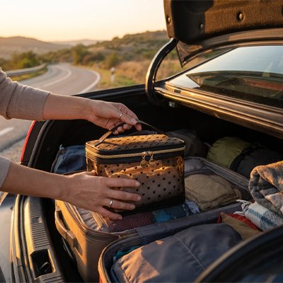 Trousse de toilette femme pratique noir posée dans coffre voiture