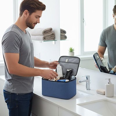 Trousse de toilette homme bleu foncée ouverte