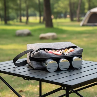 Trousse de toilette compartiment gris posée sur table camping