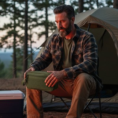 Trousse de toilette compartiment  vert tenue dans les mains par un homme dans forêt