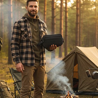 Trousse de toilette compartiment noir portée par un homme dans forêt