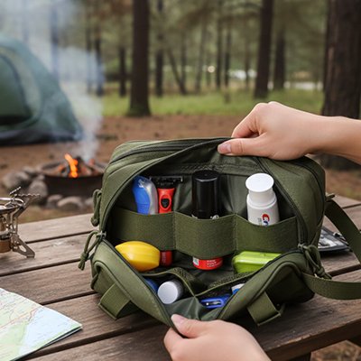 Trousse de toilette compartiment  vert posée sur table camping 