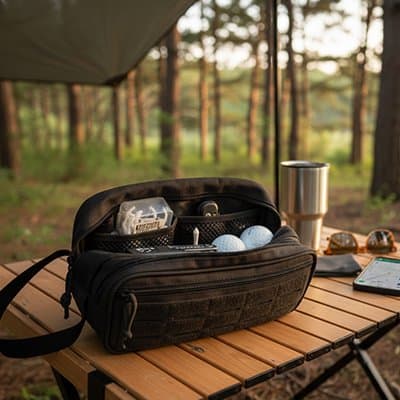 Trousse de toilette compartiment noir posée sur table camping
