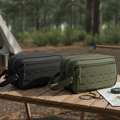 Trousse de toilette compartiment noir et vert posée sur table camping