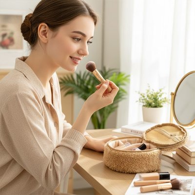 Trousse maquillage ouverte jeune femme se maquiller