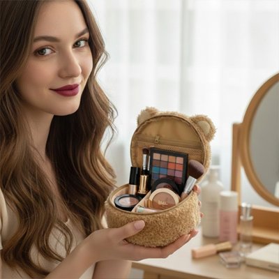 Trousse maquillage ouverte montrée par jeune femme