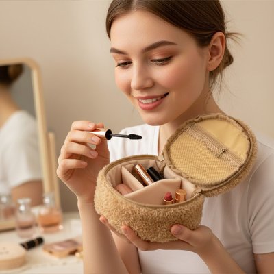 Trousse maquillage ouverte utilisée par jeune femme