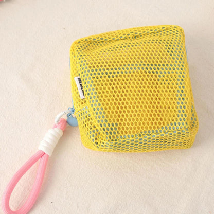 Trousse maquillage - Mesh transparente - Rangement innovant - jaune avec cordon rose